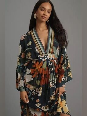 Anthropologie Conditions Apply Plunge Midi Dress in Deep Green and Rust